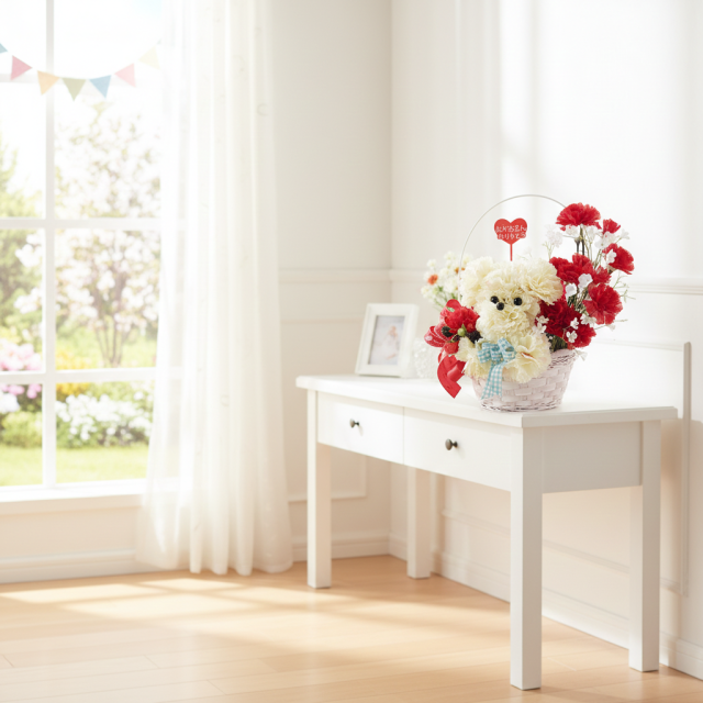 【母の日フラワーギフト・造花アレンジ・アーティフィシャルフラワーアレンジメント】プードルカーネーションデラックス（レッド）