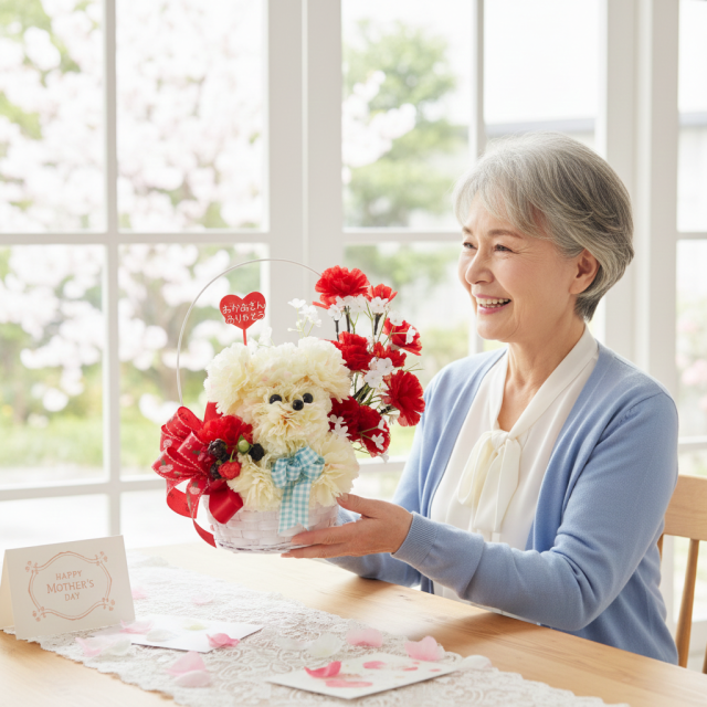 【母の日フラワーギフト・造花アレンジ・アーティフィシャルフラワーアレンジメント】プードルカーネーションデラックス（レッド）