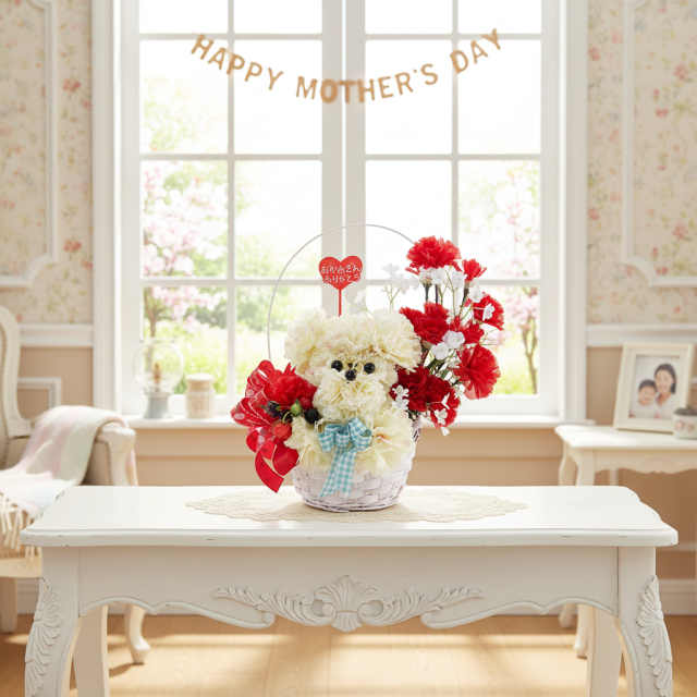 【母の日フラワーギフト・造花アレンジ・アーティフィシャルフラワーアレンジメント】プードルカーネーションデラックス（レッド）