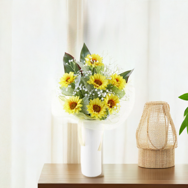 【アーティフィシャルフラワー インテリアブーケアレンジ 】ひまわり&かすみ草の花束風アレンジメント
