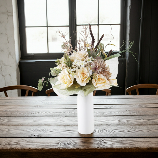 【アーティフィシャルフラワー　インテリアブーケアレンジ　】バラ&ダリアのアースカラー花束風アレンジメント