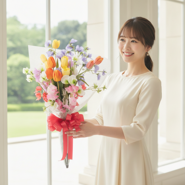 高級アーティフィシャルフラワー花束｜チューリップ＆スイートピーのミックスカラーブーケ（プロポーズ・お誕生日・卒業・退職）