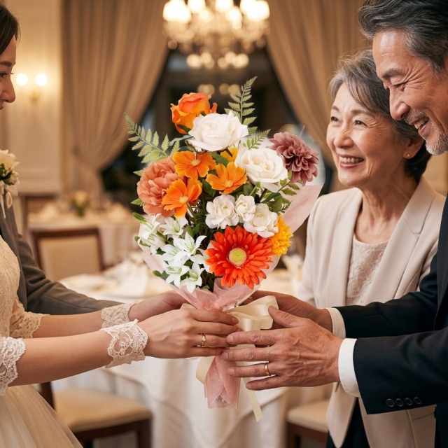 【贈答・贈呈用花束・造花花束・花束ギフト】バラとダリアとガーベラのアーティフィシャルフラワーブーケ/マジョリカ・オレンジ