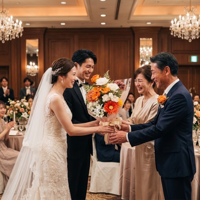 【贈答・贈呈用花束・造花花束・花束ギフト】バラとダリアとガーベラのアーティフィシャルフラワーブーケ/マジョリカ・オレンジ