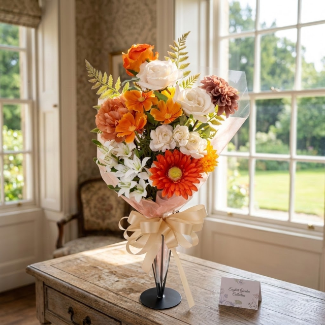 【贈答・贈呈用花束・造花花束・花束ギフト】バラとダリアとガーベラのアーティフィシャルフラワーブーケ/マジョリカ・オレンジ