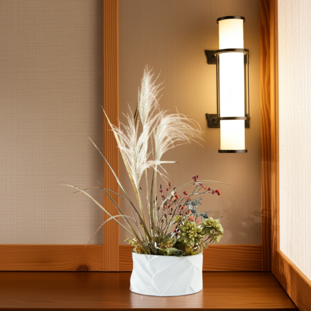【造花・アーティフィシャルフラワー・和モダンアレンジメント】ダリアとススキのジャパニーズモダンアレンジメント