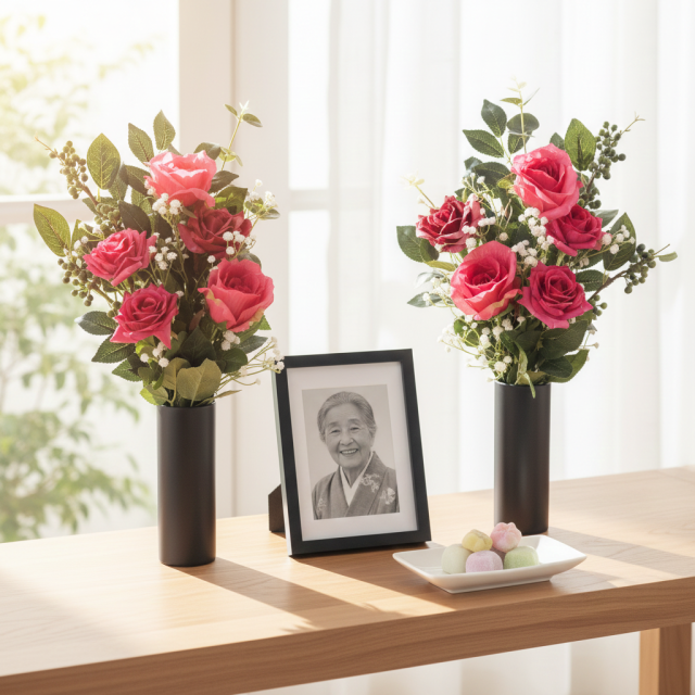 【アーティフィシャルフラワー・造花 お墓・お仏壇向け仏花・供花1対-左右2束セット】ローズガーデンシリーズ｜offering of roses-B