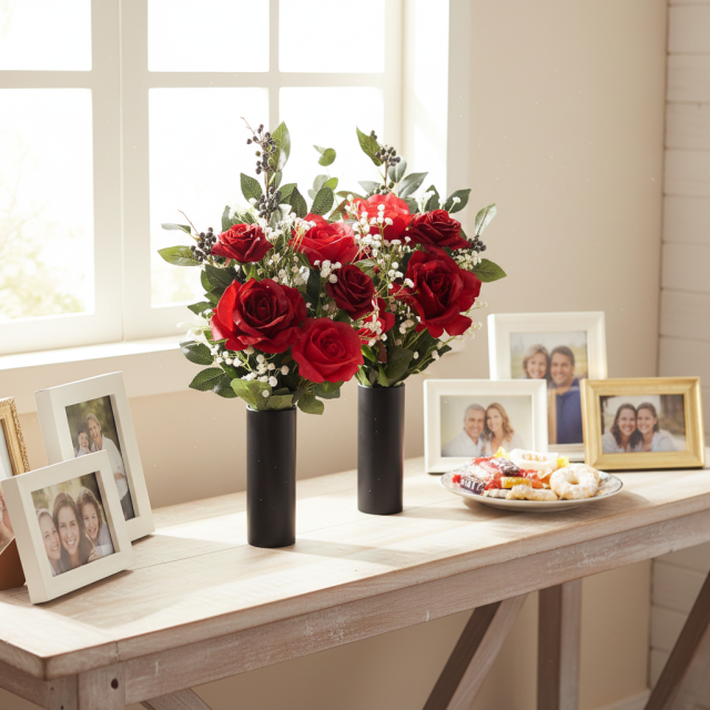 【アーティフィシャルフラワー・造花 お墓・お仏壇向け仏花・供花1対-左右2束セット】ローズガーデンシリーズ｜offering of roses-B