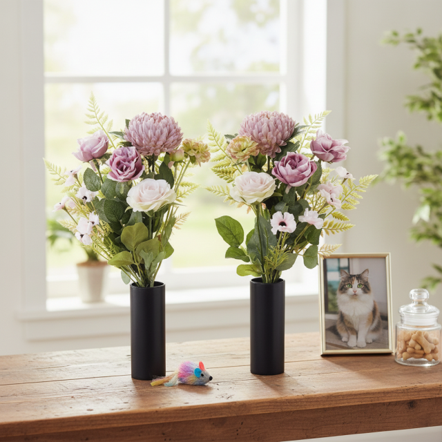 【アーティフィシャルフラワー・造花 お墓・お仏壇向け仏花・供花1対-左右2束セット】薔薇＆マムの洋風供花（左右１対セット）