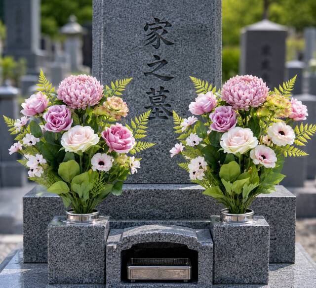 【アーティフィシャルフラワー・造花 お墓・お仏壇向け仏花・供花1対-左右2束セット】薔薇＆マムの洋風供花（左右１対セット）
