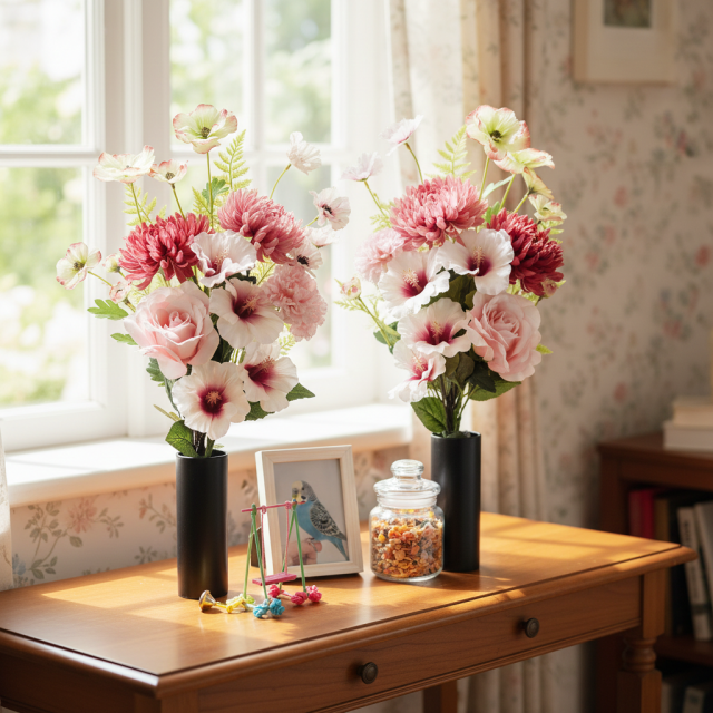 【アーティフィシャルフラワー・造花 お墓・お仏壇向け仏花・供花1対-左右2束セット】薔薇&ハイビスカスの洋風供花(左右1対セット)