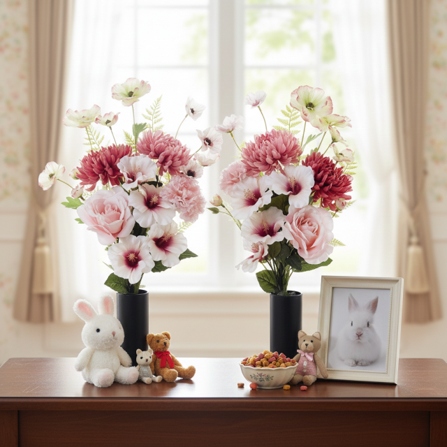 【アーティフィシャルフラワー・造花 お墓・お仏壇向け仏花・供花1対-左右2束セット】薔薇&ハイビスカスの洋風供花(左右1対セット)