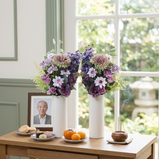 【アーティフィシャルフラワー・造花 お墓・お仏壇向け仏花・供花1対-左右2束セット】薔薇と胡蝶蘭とマムの洋風供花(左右1対セット)