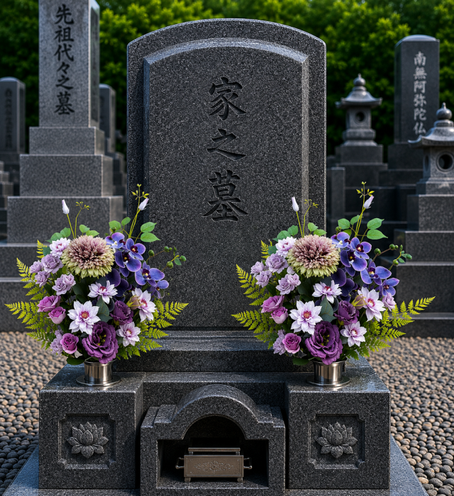 【アーティフィシャルフラワー・造花 お墓・お仏壇向け仏花・供花1対-左右2束セット】薔薇と胡蝶蘭とマムの洋風供花(左右1対セット)