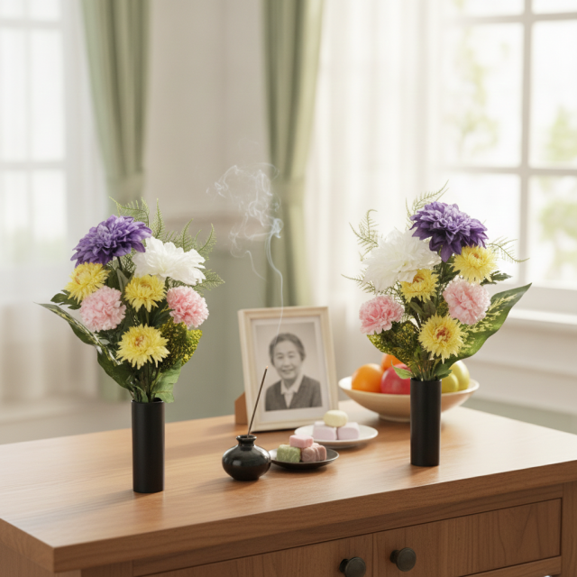 【造花・アーティフィシャルフラワー 仏花・供花】ダリア・マム・カーネーションのスタンダード墓花(左右1対セット)
