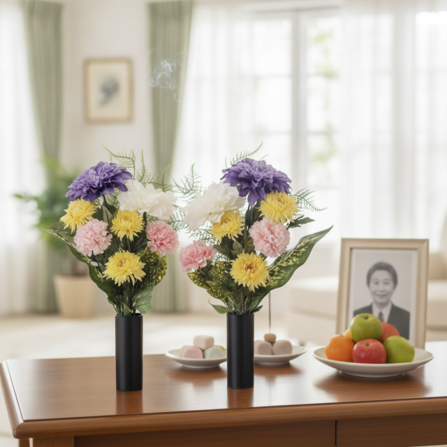 【造花・アーティフィシャルフラワー 仏花・供花】ダリア・マム・カーネーションのスタンダード墓花(左右1対セット)