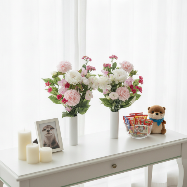 【造花・アーティフィシャルフラワー 仏花・供花】ピオニーとカーネーションの洋花モダン墓花（左右１対セット）