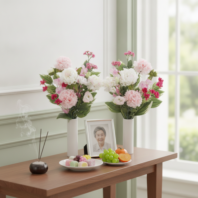 【造花・アーティフィシャルフラワー 仏花・供花】ピオニーとカーネーションの洋花モダン墓花（左右１対セット）