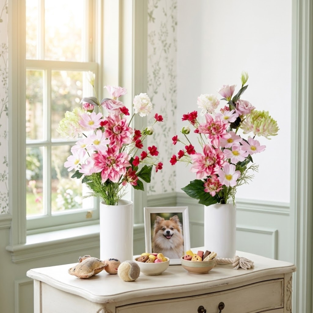 【造花・アーティフィシャルフラワー 仏花・供花】ダリアとマムの洋花モダン墓花（左右１対セット）