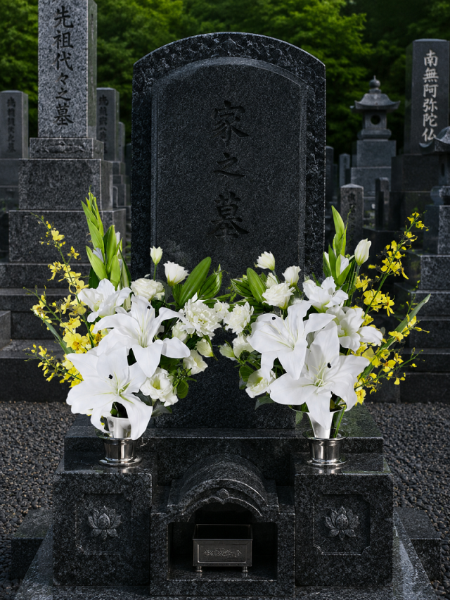 【造花・アーティフィシャルフラワー 仏花・供花】カサブランカとオンシジュームの洋花モダン墓花（左右１対セット）
