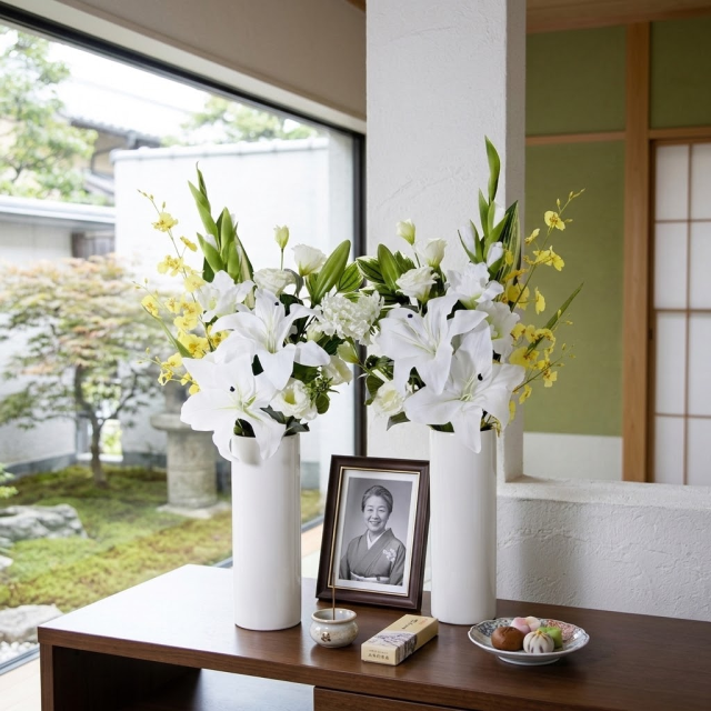 【造花・アーティフィシャルフラワー 仏花・供花】カサブランカとオンシジュームの洋花モダン墓花（左右１対セット）
