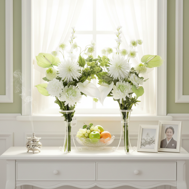 【造花・アーティフィシャルフラワー 仏花・供花】アンスリュームとマムの洋花モダン墓花(左右1対セット)