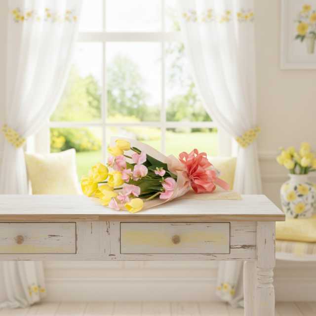 【リアルな高級造花の花束・気軽に贈れるカジュアルサイズ花束】チューリップとスイートピーのフレッシュブーケ