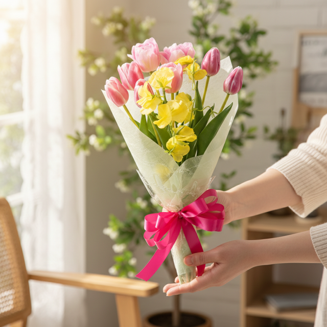 【リアルな高級造花の花束・気軽に贈れるカジュアルサイズ花束】チューリップとスイートピーのフレッシュブーケ