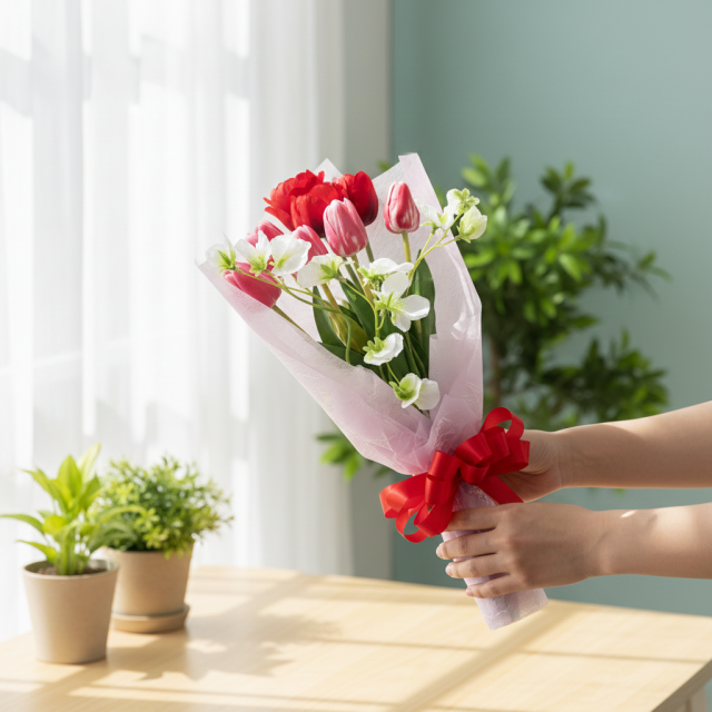 【リアルな高級造花の花束・気軽に贈れるカジュアルサイズ花束】チューリップとスイートピーのフレッシュブーケ