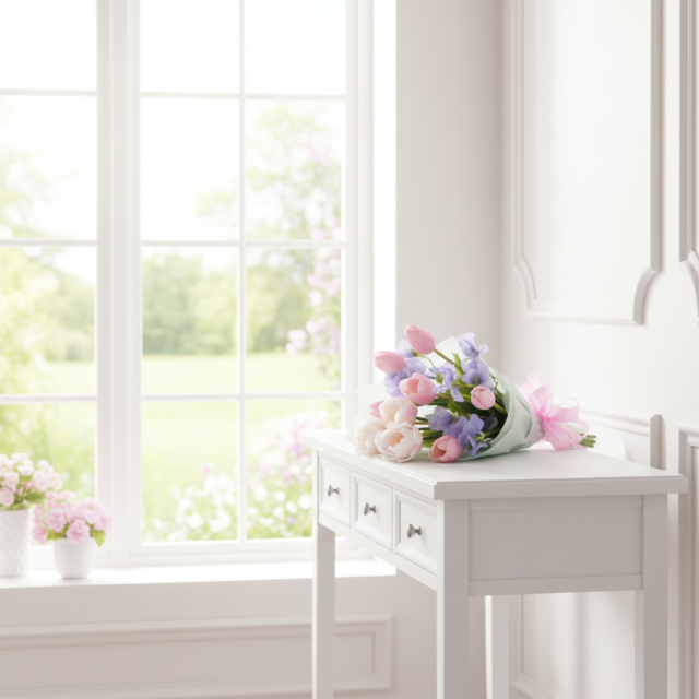 【リアルな高級造花の花束・気軽に贈れるカジュアルサイズ花束】チューリップとスイートピーのフレッシュブーケ