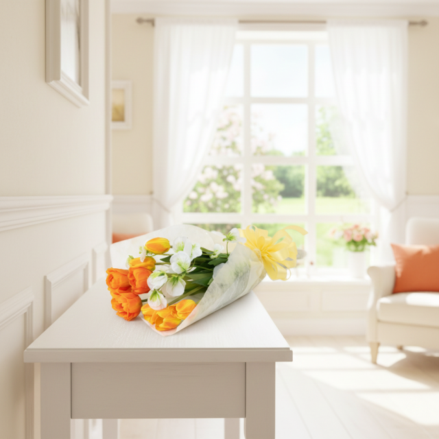 【リアルな高級造花の花束・気軽に贈れるカジュアルサイズ花束】チューリップとスイートピーのフレッシュブーケ