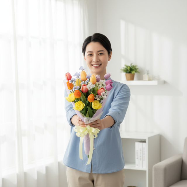 【贈答・贈呈用花束・高級造花の花束・花束ギフト】チューリップとパンジーのアニバーサリーブーケ