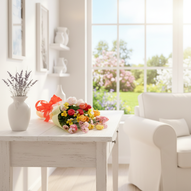 【贈答・贈呈用花束・高級造花の花束・花束ギフト】チューリップとパンジーのアニバーサリーブーケ