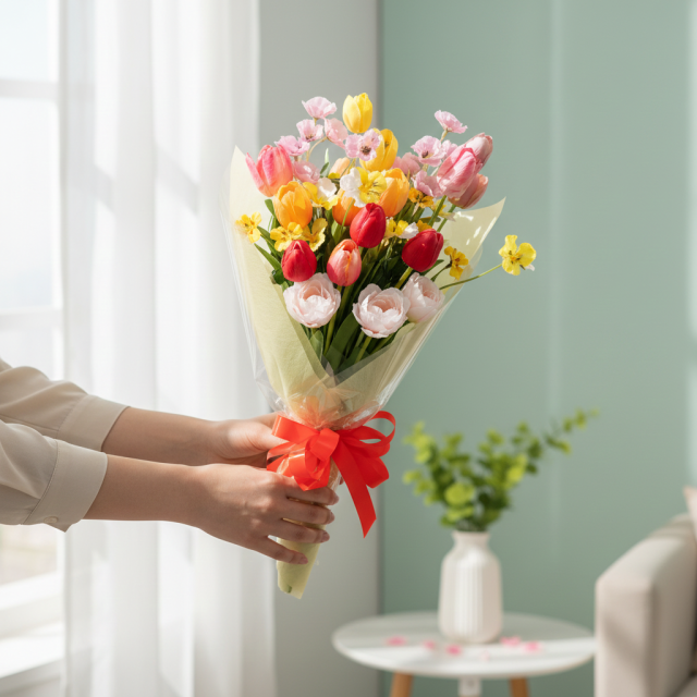 【贈答・贈呈用花束・高級造花の花束・花束ギフト】チューリップとパンジーのアニバーサリーブーケ