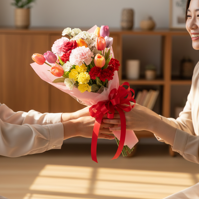 【贈答・贈呈用花束・高級造花の花束・記念日など思い出に残るギフトブーケ】カーネーションとチューリップの花束