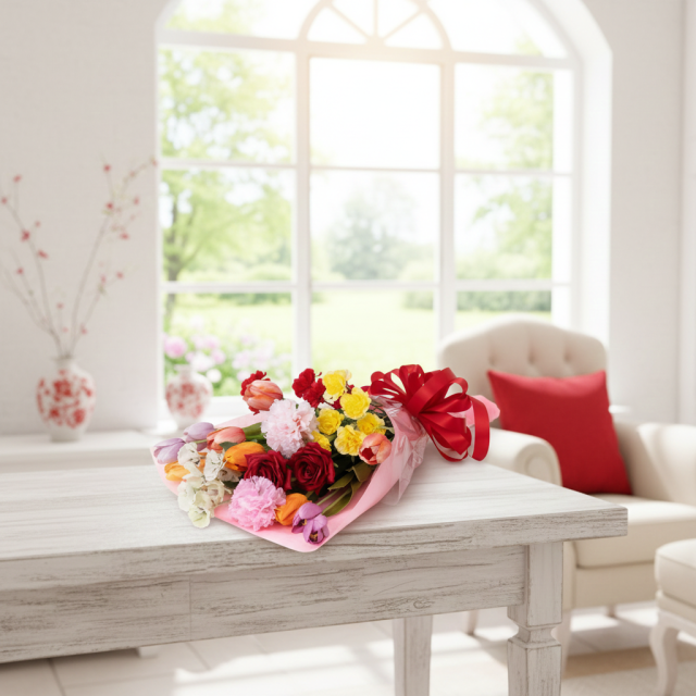 【贈答・贈呈用花束・高級造花の花束・記念日など思い出に残るギフトブーケ】カーネーションとチューリップの花束