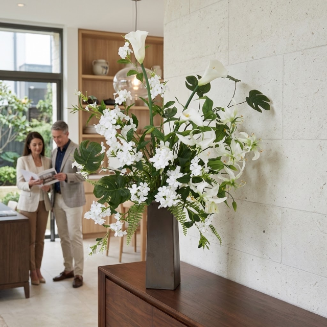 【プレミアムアレンジ 造花・アーティフィシャルフラワー・インテリアフラワー】White and green flower arrangement