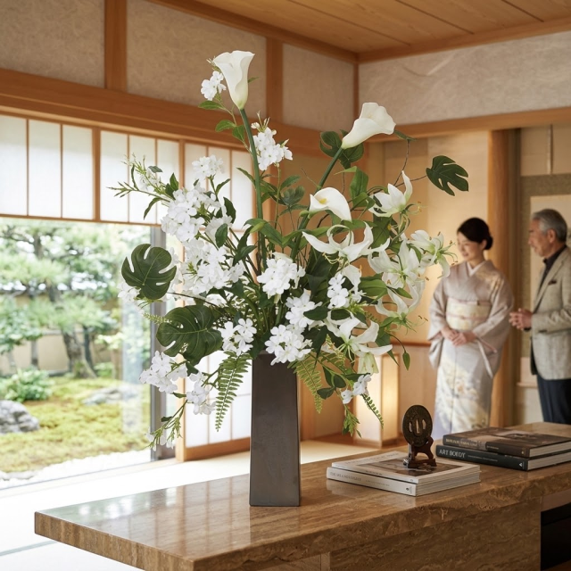 【プレミアムアレンジ 造花・アーティフィシャルフラワー・インテリアフラワー】White and green flower arrangement