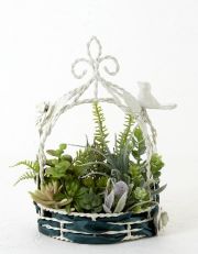 【ホワイトワイヤー鳥かごフレーム　造花インテリアグリーン】bird cage arrangement