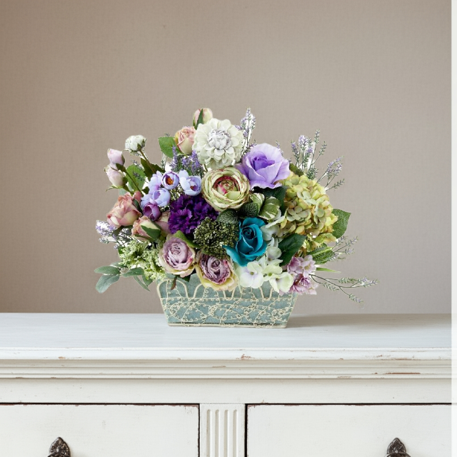 【アーティフィシャルフラワー・造花 インテリアフラワー ワイヤーバスケット】ローズガーデンシリーズ｜scent of roses−Lサイズ