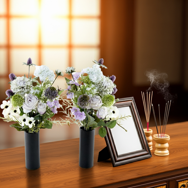 【アーティフィシャルフラワー・造花 お墓・お仏壇向け仏花・供花1対-左右2束セット】ローズガーデンシリーズ|funeral rose-A