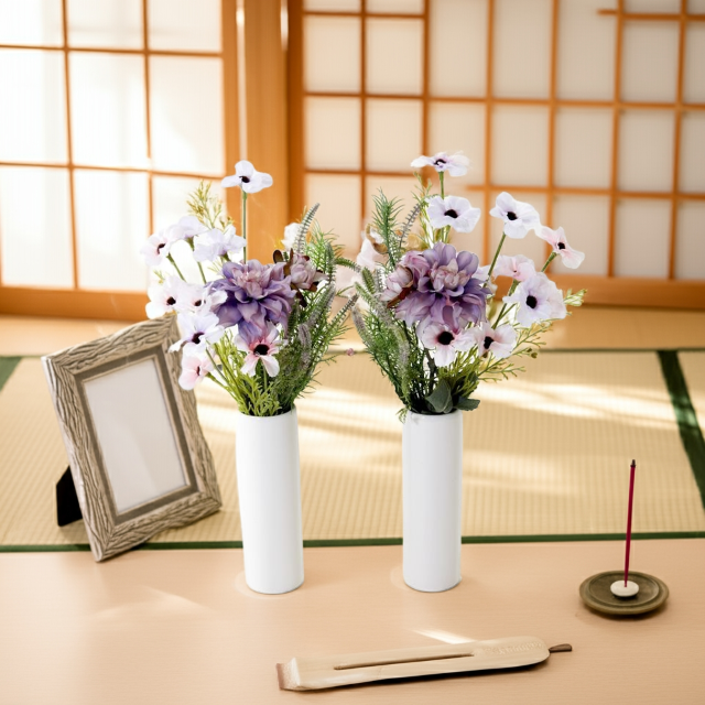 【お墓・仏壇用の造花・アーティフィシャルフラワー 供花 仏花】デージー&ダリアのミニ仏花セット(左右1対)